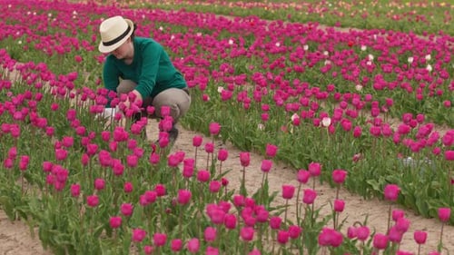 Hands in Garden Gloves Cutting Tulip Flower Stems with Pruning Shears in Plantation