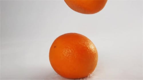 Oranges Falling and Bouncing at White Wet Surface