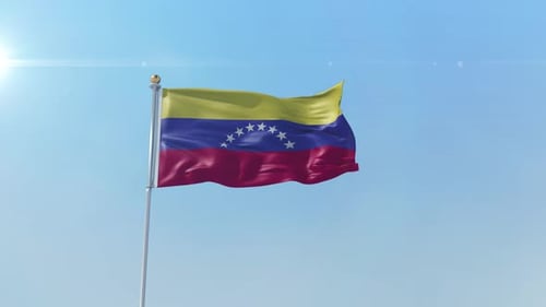 Flag of Venezuela Waving Against a Bright Blue Sky
