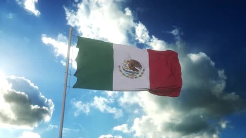 Realistic Mexican Flag Waving in Blue Sky with Clouds