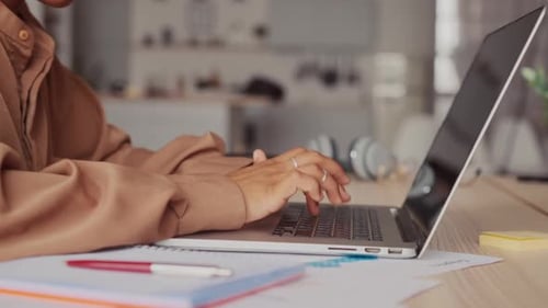 Woman Working on Computer Using Touchpad Typing Corporate Message Communicating