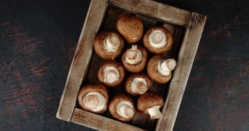 Brown Mushrooms in Wooden Box Close Up