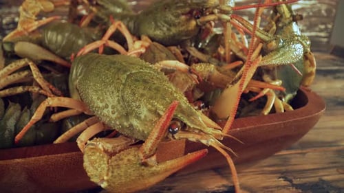 Live Crayfish on a Wooden Table