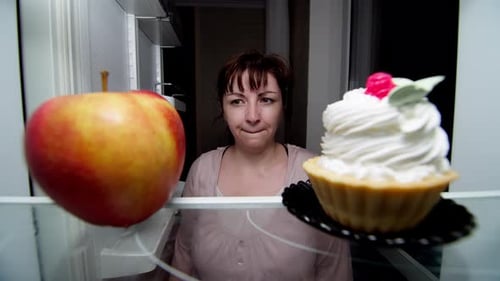 Woman Looks at Apple and Cupcake at Night