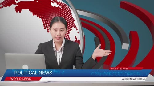 Live News Studio With Asian Female Anchor And Her Computer Pointing To Side While Reporting