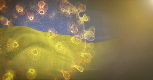Ukraine Flag With Corona Virus Bacteria