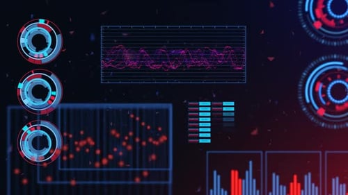 Advanced futuristic graphic interface. Displays abstract diagrams and charts.