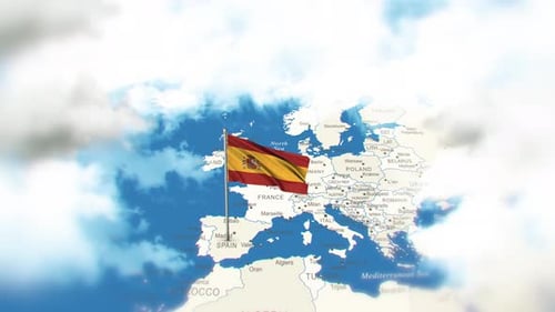 Animated Spain Flag Waving on Europe Map