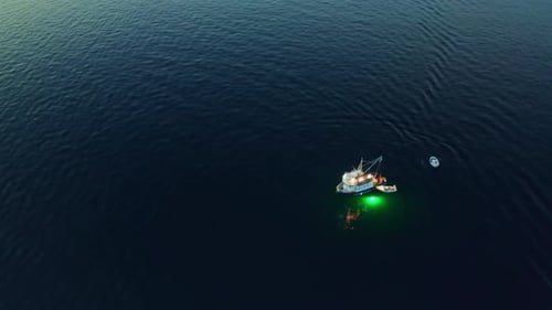 Vessel Illuminating Water with Green Light for Fishing