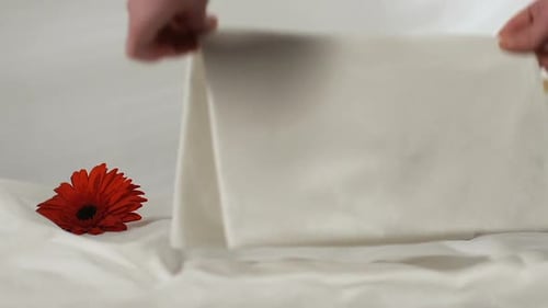 Camarera tomando toallas de la habitación del hotel, flor en ropa de cama fresca, servicio