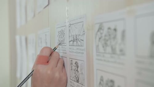 Hands Man Drawing Storyboard Animation Comic Cartoon, Design Creative Scene Layout At Studio