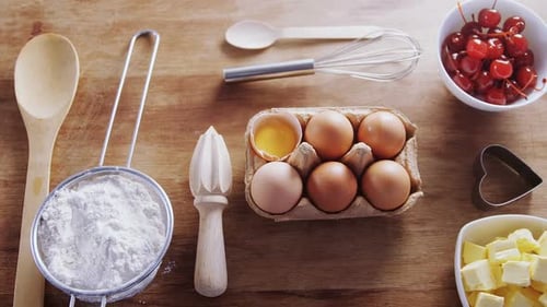 Baking Ingredients Arranged on a Wooden Tabletop