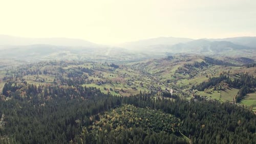 Panoramic Aerial Top View on the Hillside Meadow in Mountain Ridge Mountains Rural Landscape