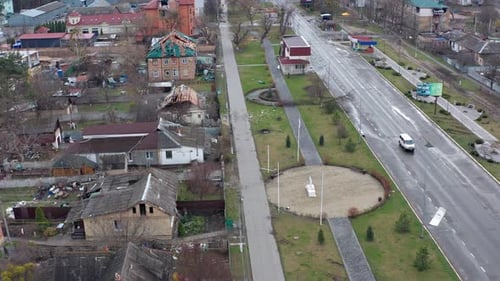 Aerial view of the destroyed and burnt houses.