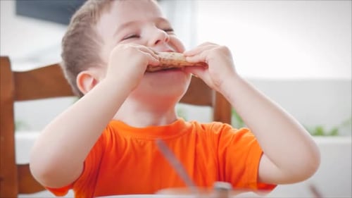Cute Healthy Preschool Toddler Boy Eating Italian Pizza While Sitting in a Kids Cafe. Happy Child