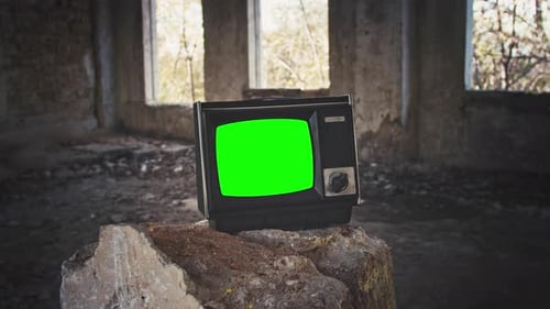Vintage Tv Television Green Screen. Zooming Into Green Screen of an Old Television Vintage Style