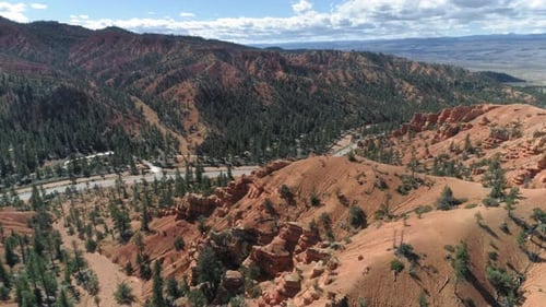 Aerial Over Beautiful Red Rock Formations and Road. Bryce Canyon, Utah, USA