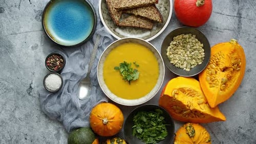 Pumpkin Soup and Autumn Vegetables Food Still Life