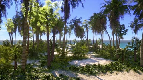 Paradise Landscape of Tropical Beach with Calm Ocean Waves and Palm Trees
