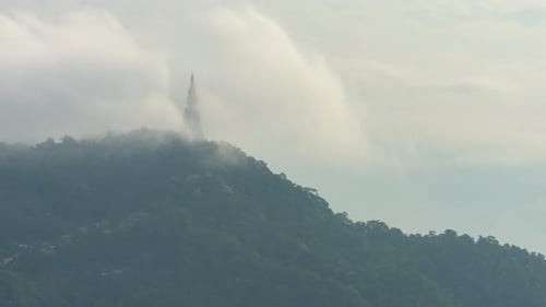 Fluffy fog cloud flowing on natural forest mountain from time lapse