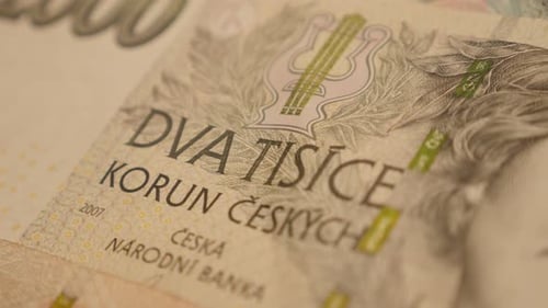 Curency of Czech Republic koruna mixed values shallow DOF 4K 2160p 30fps UltraHD panning footage -