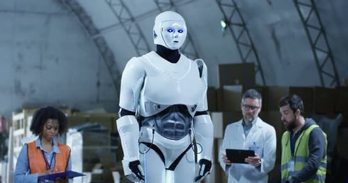 Engineers Testing Android in a Warehouse