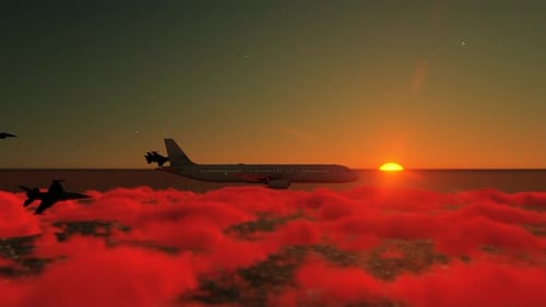 Commercial Airliner with Fighter Jets Flying at Sunset