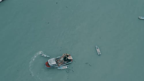 Fishing Boat on Open Ocean Aerial View