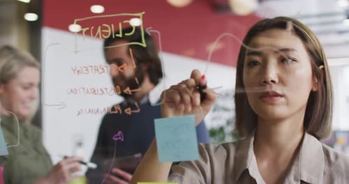 Mujer asiática escribiendo en pizarra de vidrio y discutiendo en una oficina moderna