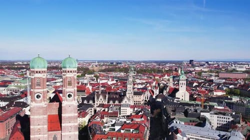 Aerial drone shot flying above the beautiful city of Munich, Germany.