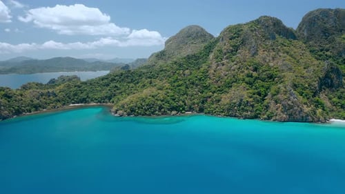 Aerial Drone Panorama of Mountainous Tropical Island with Jungle and Blue Lagoons