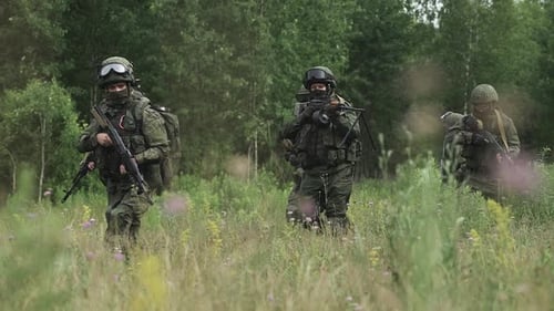Soldiers in Camouflage with Assault Rifle Walking Through the Field Military Action in the Steppe