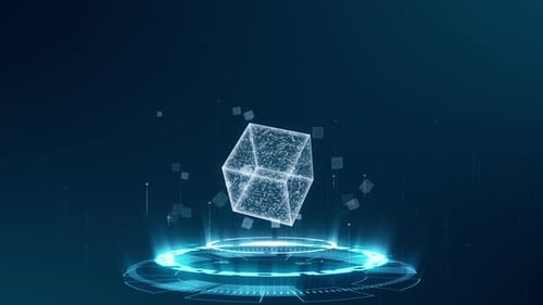 Blauer digitaler Würfel mit futuristischer Kreisrotation und Würfelsymbolschweben auf Hintergrundtechnologie