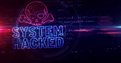 Alerte de piratage du système avec symbole de crâne, animation de tunnel bouclable abstraite