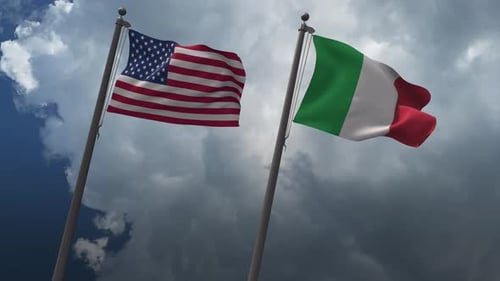Waving Flags Of The United States And The Italy 4K