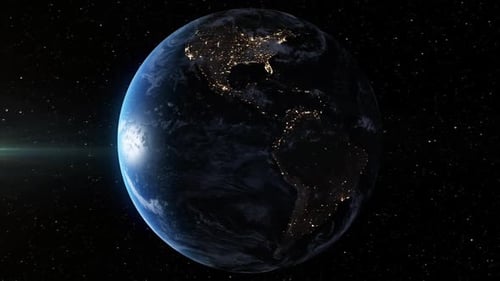 Rotating Planet Earth with Sunlight and City Lights in Space