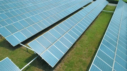 Aerial View of Solar Panels Farm (Solar Cell) with Sunlight, Production of Clean Energy, Renewable