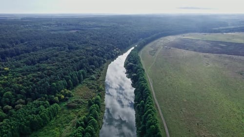 Top View of the River Surrounded By Trees and Meadows