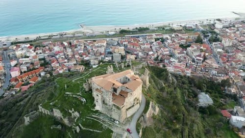 Aerial View of Seaside Town with Medieval Castle