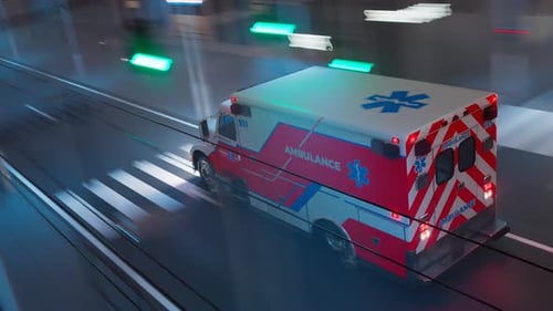 An ambulance on the signal goes through a city. Emergency vehicle at the street