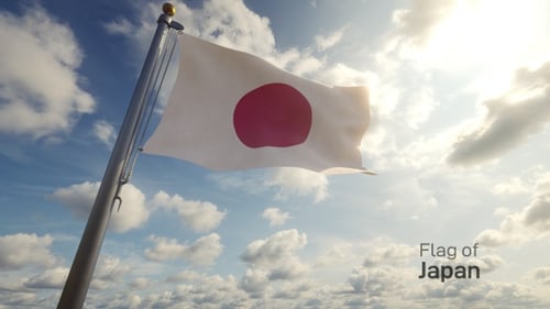 Realistic Waving Flag of Japan Against Blue Sky