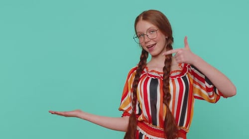 Girl Kid Pointing Empty Place Advertising Area for Commercial Text Copy Space for Goods Promotion