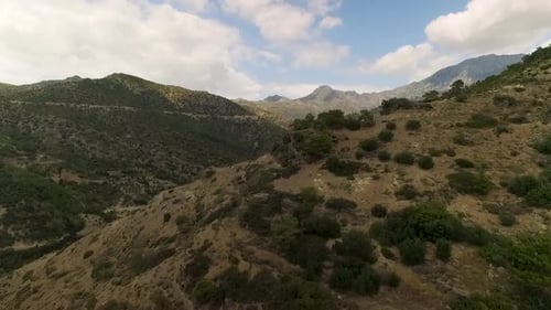 Aerial view of a beautiful mountain ranges, trees, forest and cloudy horizon.