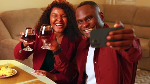 Hispanic Couple Having Dating Celebrating Anniversary Valentines 14 February Day Taking Video Call