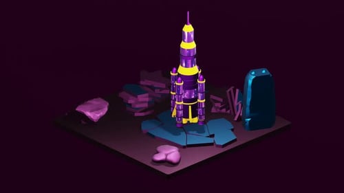 Futuristic Geometric Isometric Rocket Launchpad 3D Animation