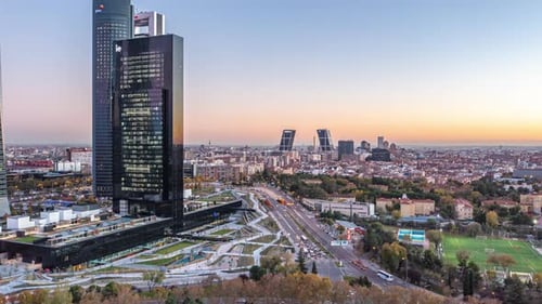 Backwards Reveal of Modern High Rise Buildings in Business District