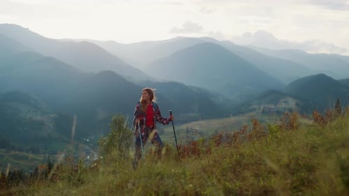 Backpacking Woman Explore Mountains Peak