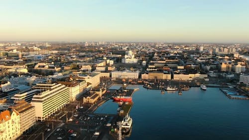 Camera Zooms in White Helsinki Cathedral Bird Eye Shot