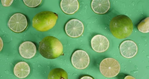 Whole and Round Slices of Fresh Lime Slowly Rotating.
