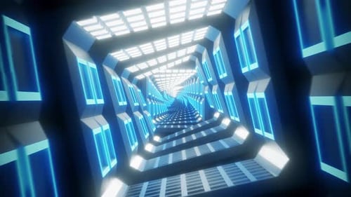 Flying Through Glowing Spinning Neon Squares